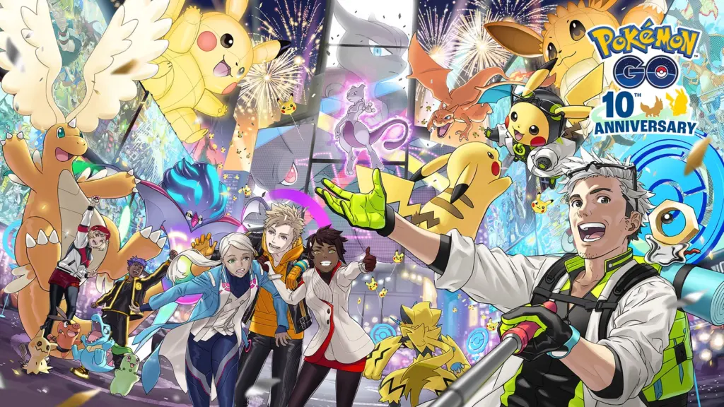 Colorful artwork of Pokémon Go characters for 10th year anniversary.