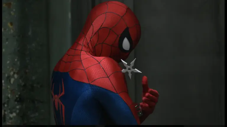 Spider-Man, in his red and blue suit, holds a silver throwing star, striking a confident pose against a dark, textured background. Sadie Sink plays Jean Grey.