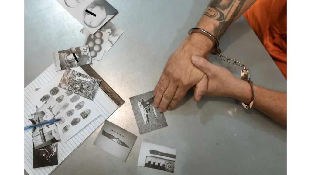 A handcuffed suspect studies the scattered evidence photos under dim lighting, realizing each image carries the quiet, unsettling shadow of serial killers.