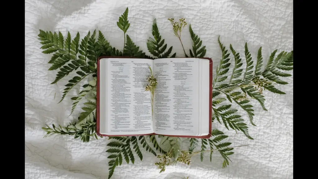 In Tuesday's daily devotional, an open Bible sits atop palm leaves.