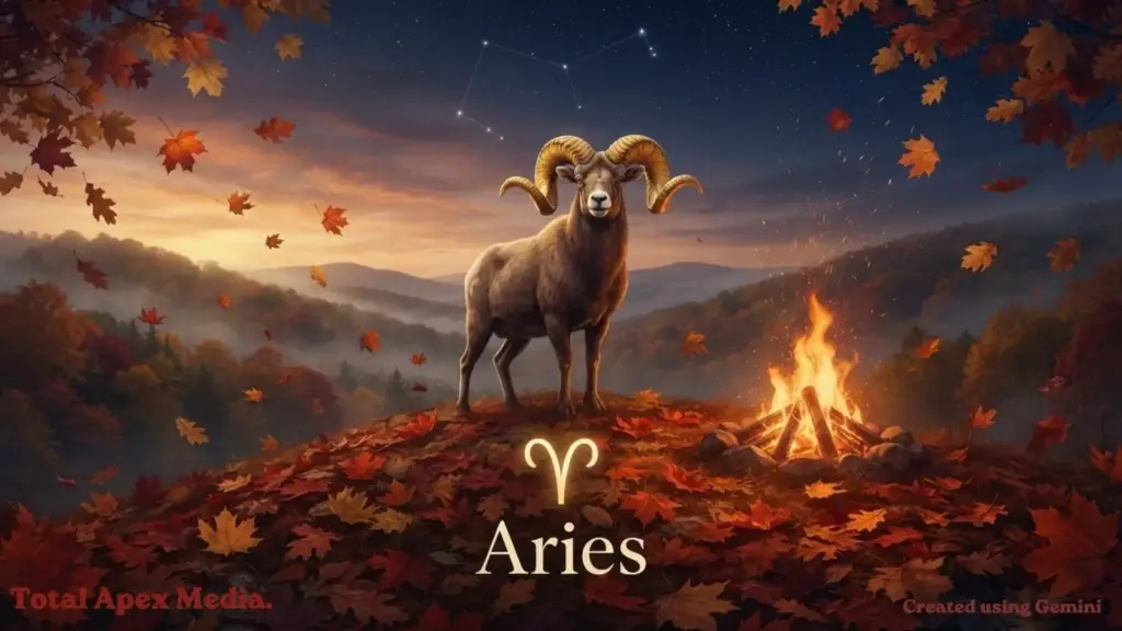 A majestic ram stands on a hill surrounded by autumn leaves and a campfire, with the constellation of Aries in the night sky above.