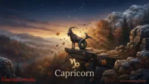 A Capricorn goat on a rocky cliff at sunset among autumn leaves, the seasonal art for the daily Capricorn horoscope