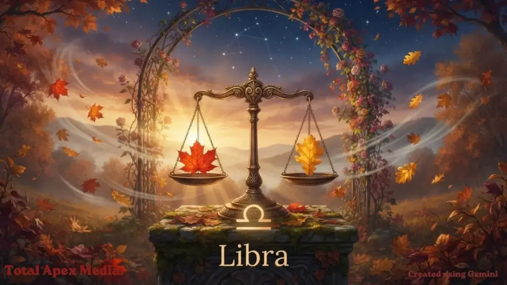 A beautifully illustrated scene depicting a Libra symbol with a balanced scale holding red and yellow leaves, surrounded by autumn foliage and a serene landscape.