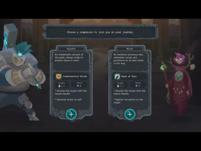 A Screenshot of Lootbound, depicting a character select screen where you can select a sidekick from either a large paladin in plate armor carrying a larger hammer, or a small with with a staff. 