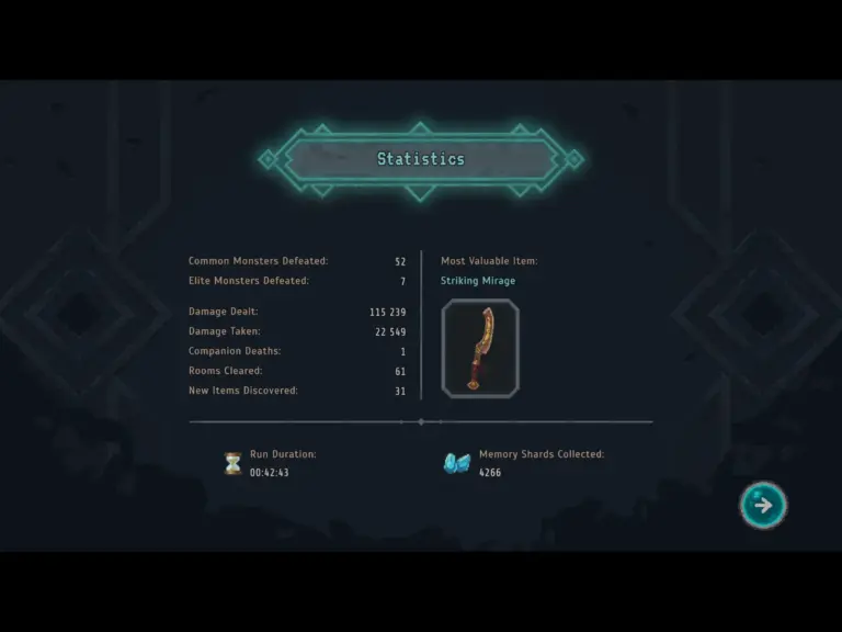 A Screenshot from Lootbound, depicting the Game Ending screen, with stats such as Monsters defeated, time spent on run, and most expensive loot piece collected.