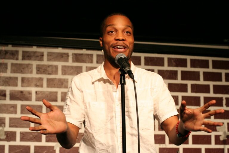 Comedian Jermaine Fowler, star of the Barbershop TV series, performs stand-up at The People's Improv Theater in New York