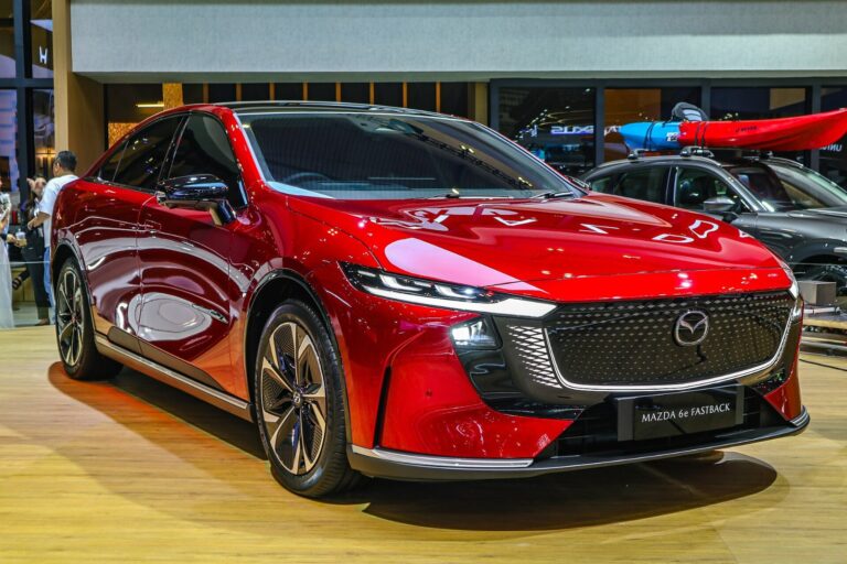 Mazda 6e fastback, a Mazda Changan EV built in China, on display at the GIIAS 2026 auto show