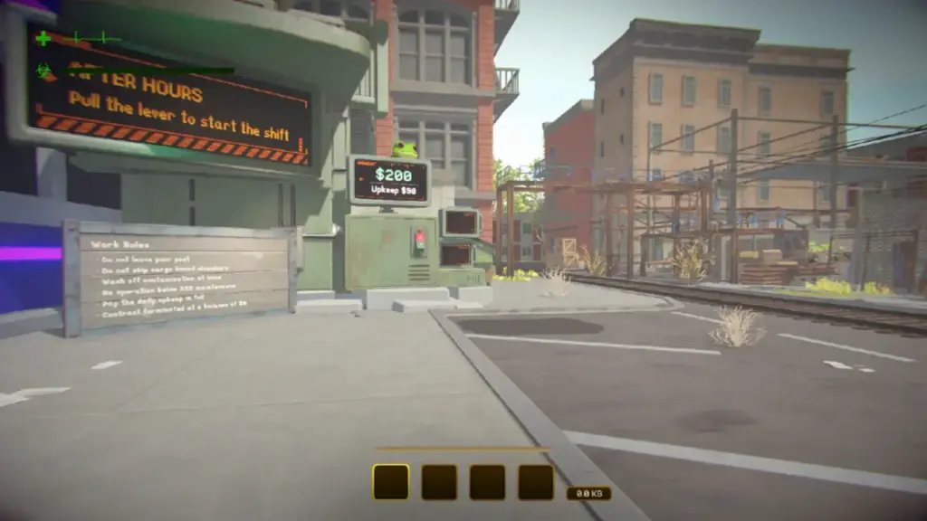 Video game screenshot within MIMESIS Logistics Center, a quiet urban street with brick buildings, overhead wires, construction barriers, and mission signs reading “Pull the lever.”