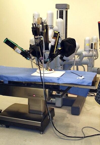 Patient-side cart of a da Vinci robotic surgical system, the type of robot used in robot-assisted prostatectomy, the surgery that included the prostate cancer nerve graft