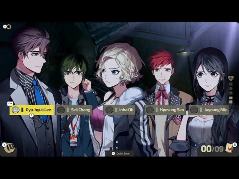 A group of six characters standing in a dimly lit environment, with labels beside them indicating their names: Gyu-hyuk Lee, Seil Chang, Inha Oh, Hyesung Seo, and Juyoung Min. Screenshot from the game Buried Stars