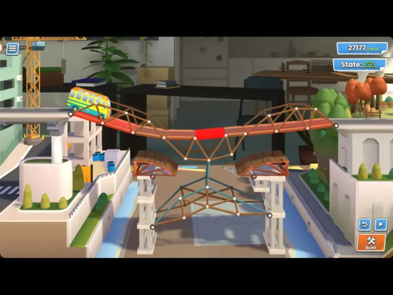 A 3D illustration of a bridge construction scene, featuring a yellow vehicle on a partially completed bridge. The bridge is supported by a wooden framework, with trees and indoor furniture visible in the background. Screenshot from the game Bridge Constructor Studio
