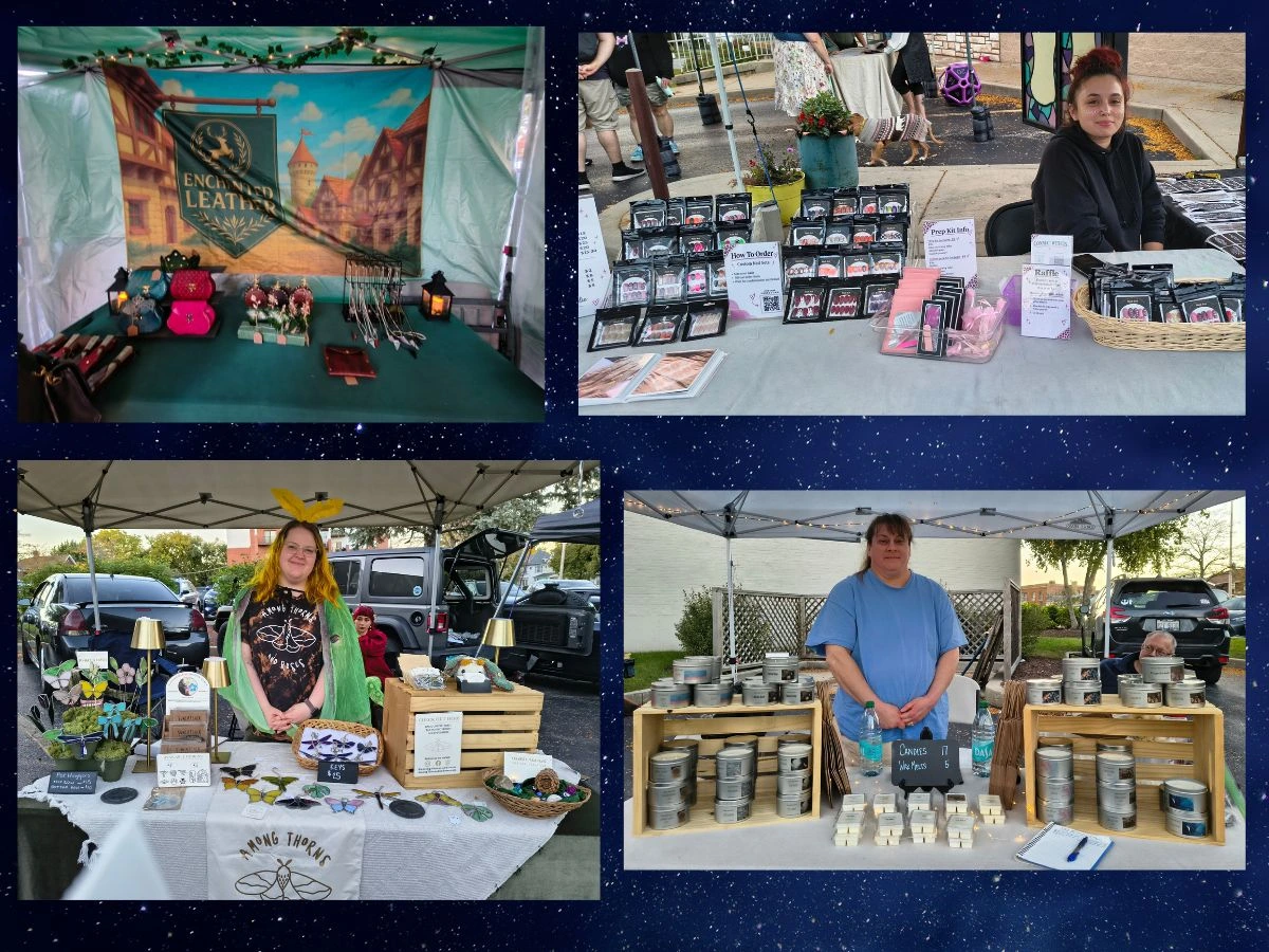 Collage of photos of vendors at Faelight festival at Casting Whimsy, Woodstock IL