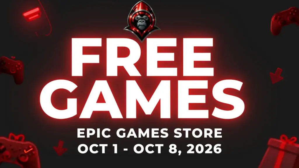 Free Games on the Epic Games Store Oct 1 - Oct 8, 2026 on a red background with gaming related icons