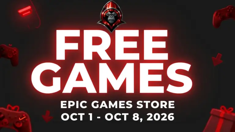 Free Games on the Epic Games Store Oct 1 - Oct 8, 2026 on a red background with gaming related icons
