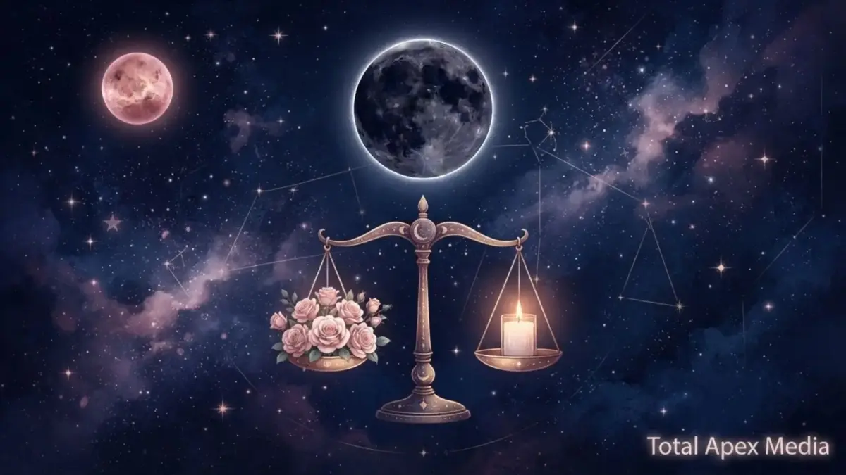 A balanced scale with roses on one side and a candle on the other, set against a cosmic background featuring stars, planets, and a moon. Libra New Moon Ritual