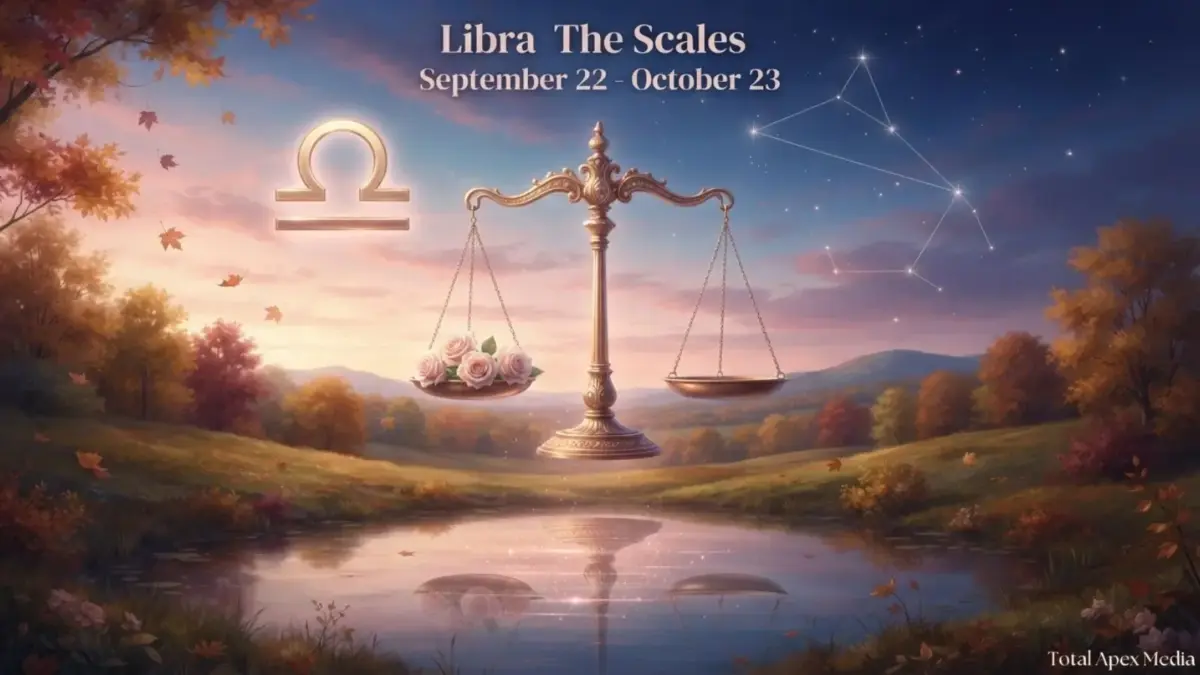 A serene landscape at dusk with a balance scale symbolizing Libra, surrounded by flowers, with constellations visible in the sky. The text states "Libra The Scales" with dates September 22 to October 23. Libra Season aesthetic