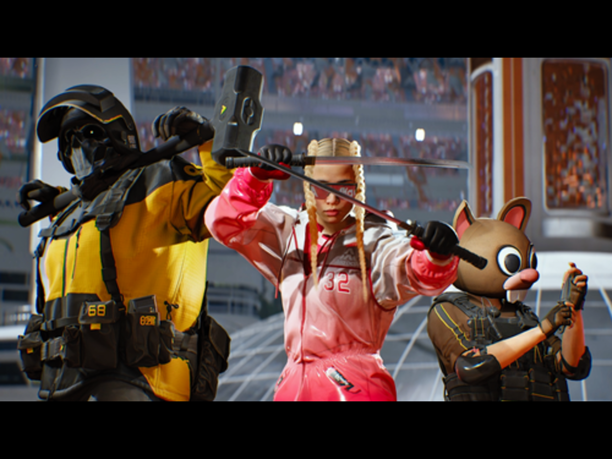 a man in black and yellow gear, a woman carrying a sword, and a person in a bear constume In The Finals. 