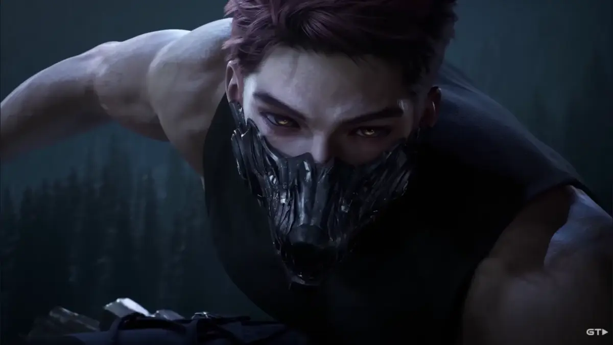 Close-up of Valko in Love and Deepspace wearing wolf-like mask.