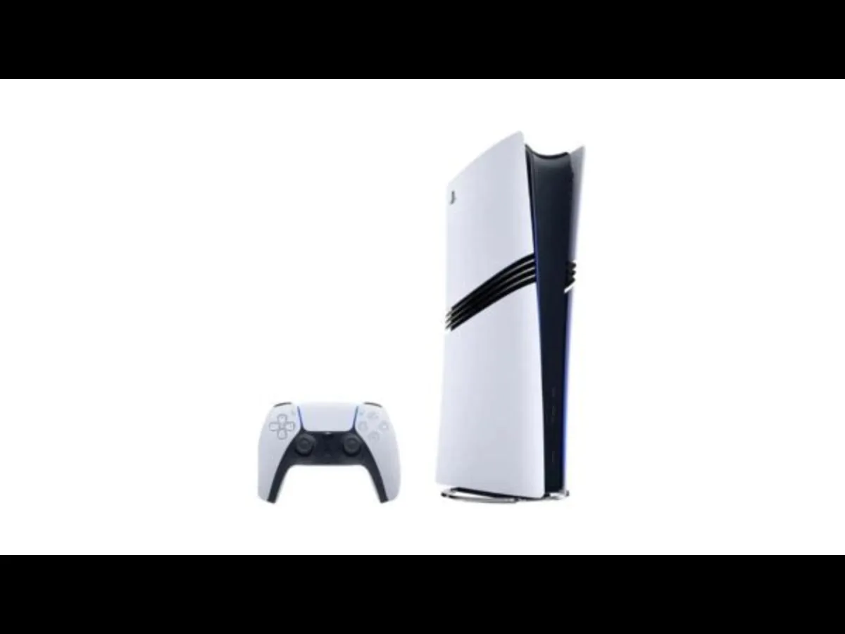 A PS5 Pro and PlayStation controller on white background.