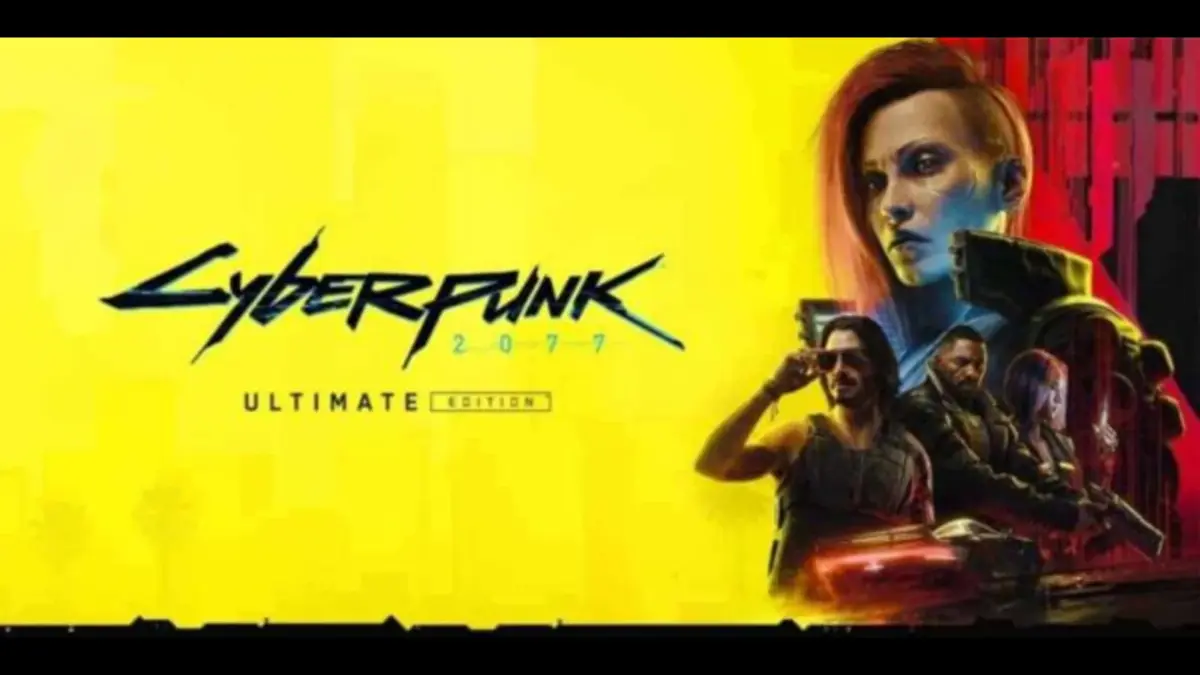 Cyberpunk 2077 title on yellow background alongside characters from the game.
