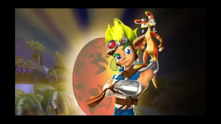 Jak and Daxter Character with spiky green hair, wearing a headband and blue outfit, confidently poses with a small, orange creature on his shoulder. Jak and Daxter Background shows a large, glowing orb and palm trees.