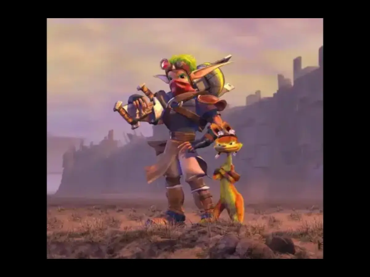 Jax and Daxter A warrior with spiky green hair and a small orange creature stand confidently on rocky terrain, Jak and Daxter, backlit by a hazy sunset and mountainous backdrop.