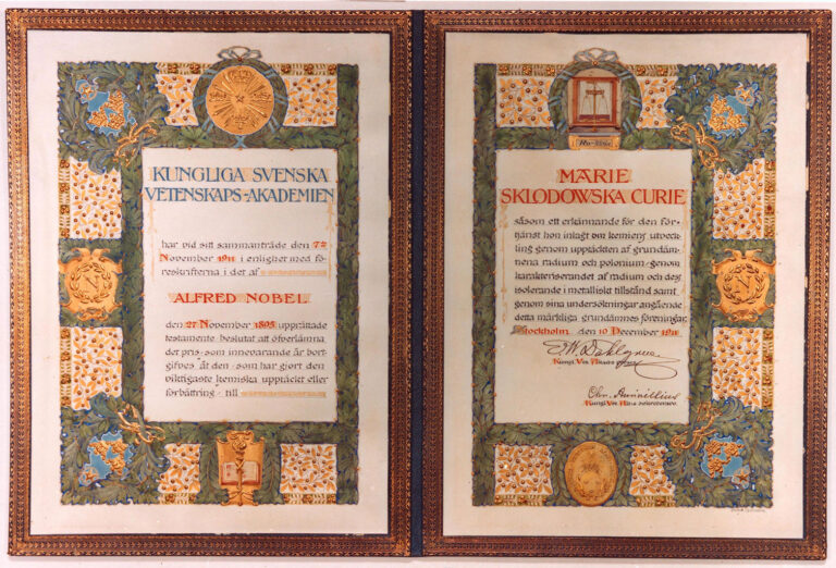 Marie Curie’s 1911 Nobel diploma, an archival illustration for the 2026 Nobel Prize report