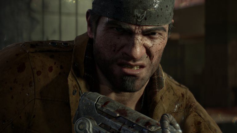 Gears of War E-Day exclusive prequel screenshot showing Marcus Fenix scowling