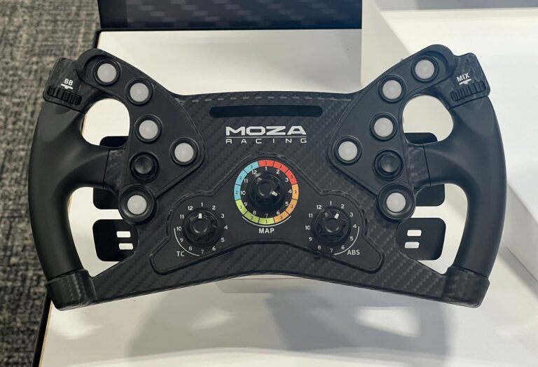 A Moza KS sim racing steering wheel, from the same Moza Racing lineup as the Moza R5 racing wheel bundle