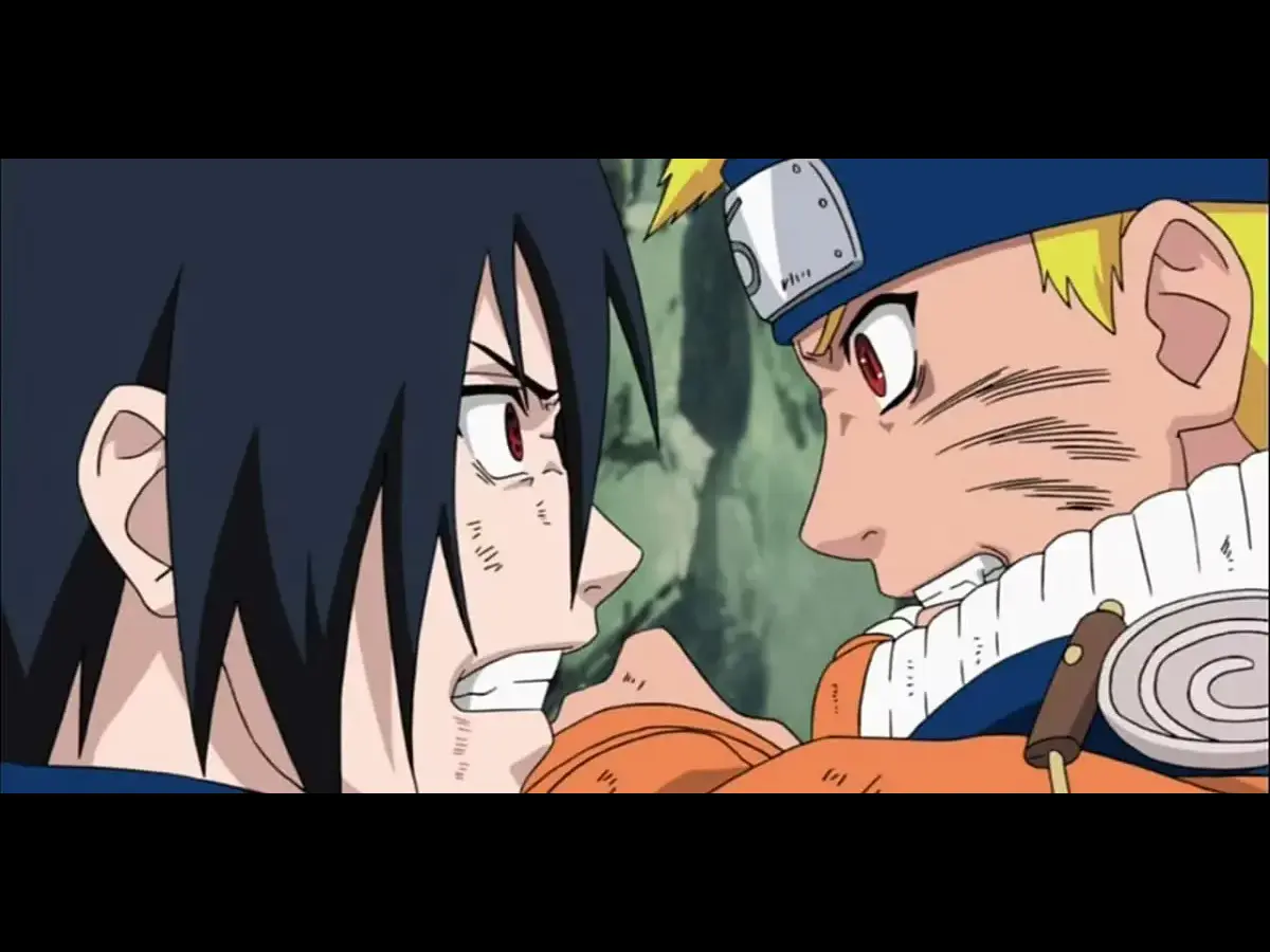 Sasuke and Naruto battling each other in the Final Valley. 