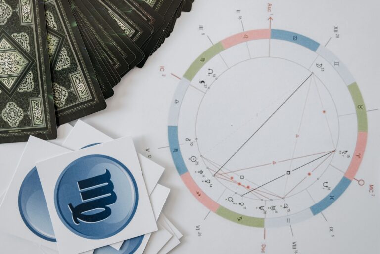 Tarot cards and a horoscope on a table for Venus and Mercury retrograde