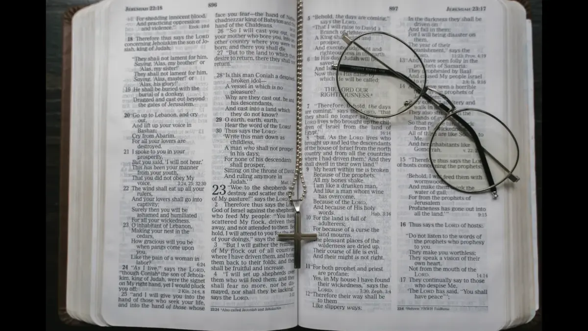 In Wednesday's daily devotional, an open Bible has eyeglasses and a cross on it.