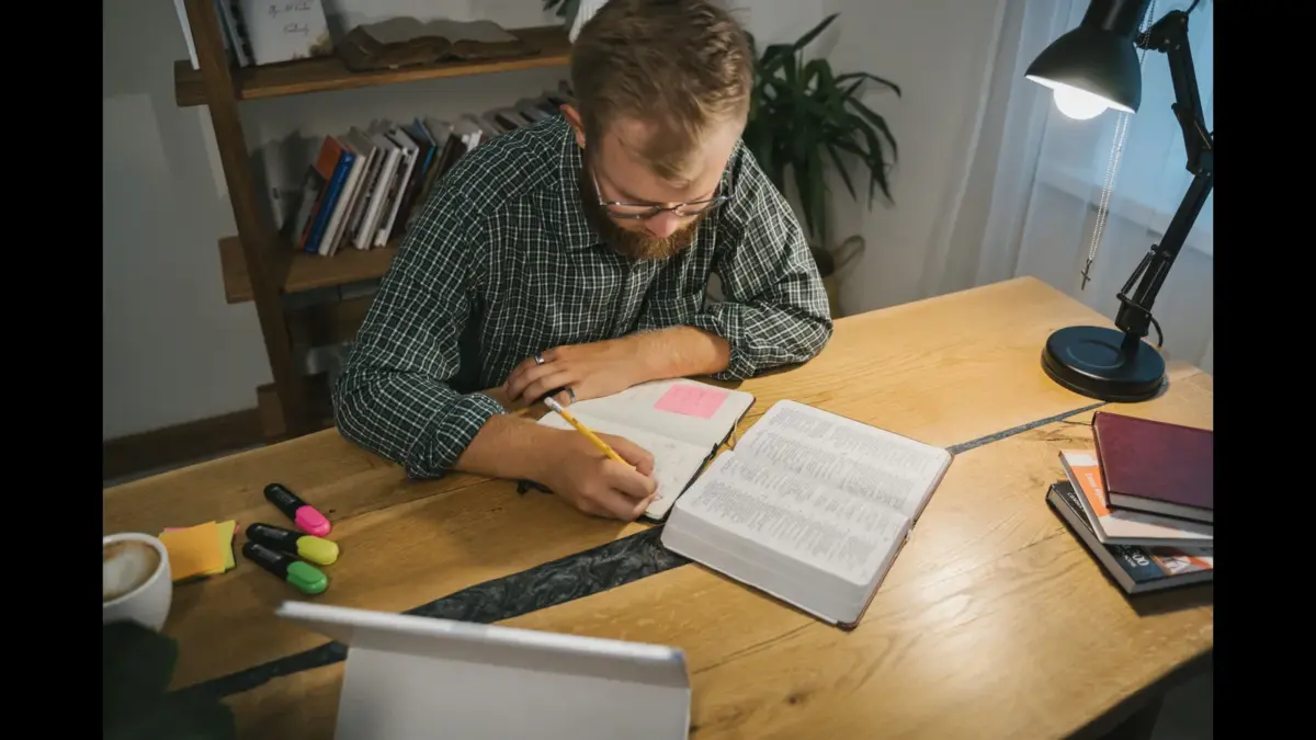 In today's daily devotional, a man is intently studying the Bible at a desk with other study tools.