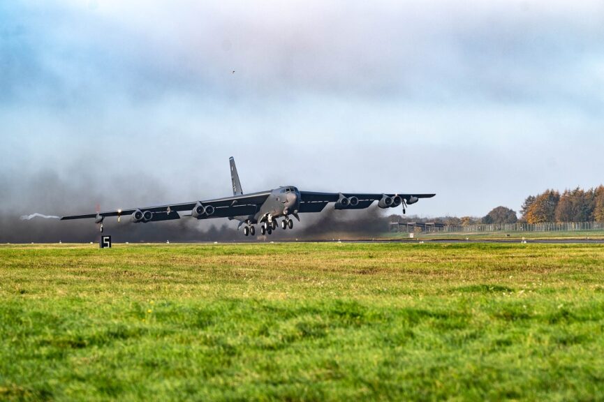 A U.S. Air Force B-52H Stratofortress taxis at RAF Fairford, the base at the center of the RAF Fairford arrest investigation