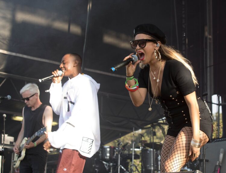 Robbie Chater, left, and touring vocalists perform with the Avalanches at Sydney City Limits in 2018, years before the Avalanches tour of Australia in 2027
