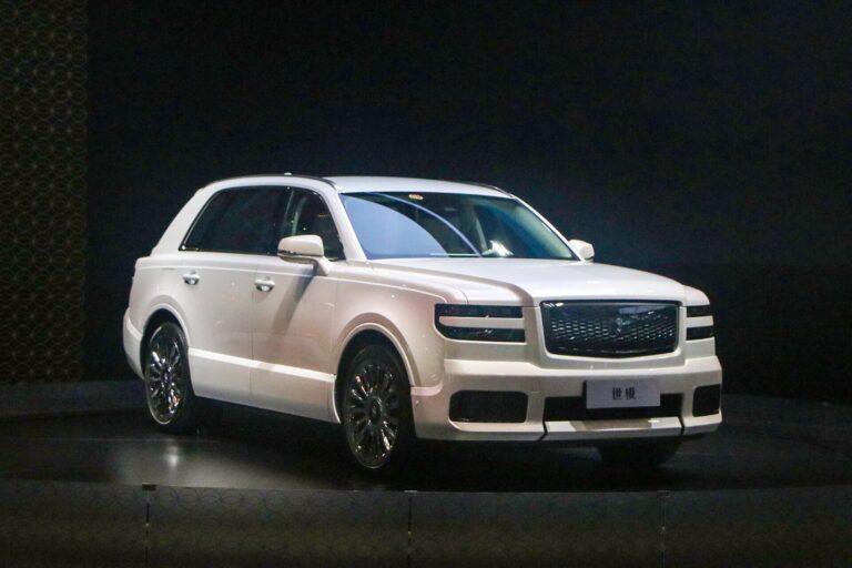 A two-tone Toyota Century SUV on display at the 2023 Guangzhou auto show in China